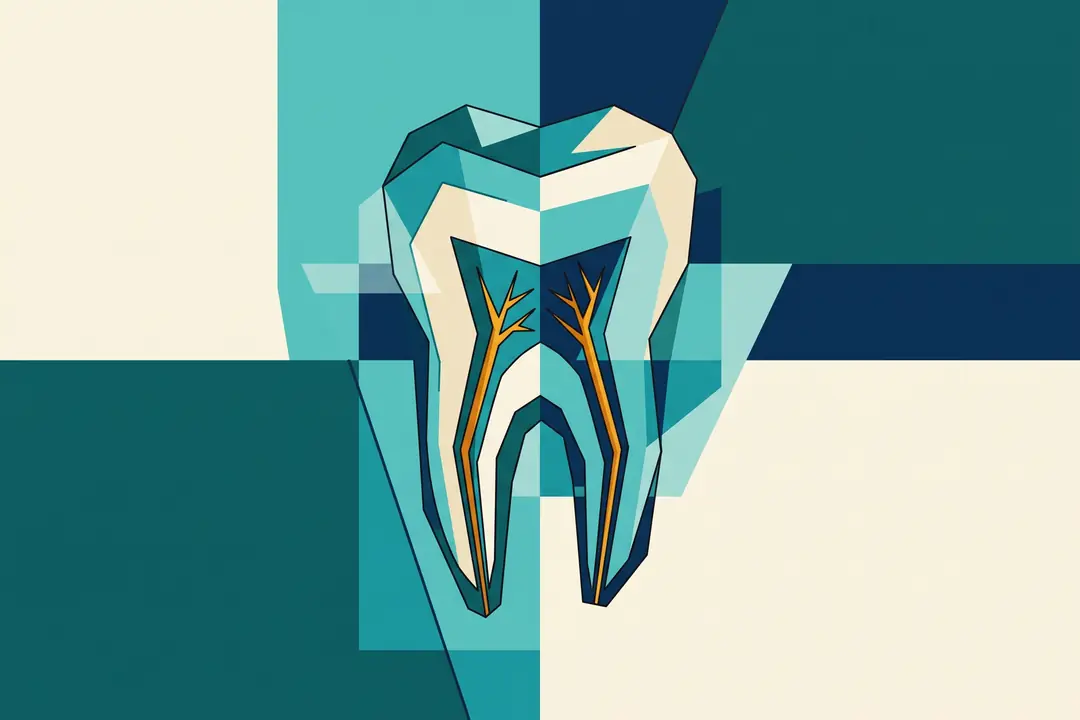 Molar stilizat în secțiune, în stil cubist, cu pulpa dentară și canalele radiculare evidențiate în portocaliu