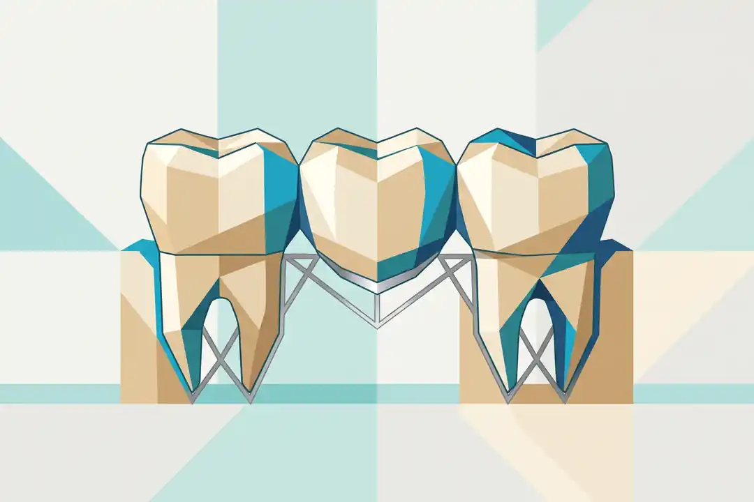 Punte dentară stilizată, cu doi dinți stâlp și un element de legătură între ei, în stil cubist